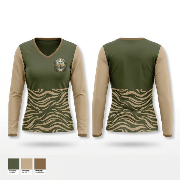 Womens Long Sleeve Vneck Shirt, Airborne Veterans Gold Club, Golf, Teamtime, Team time, sublimation, custom sports apparel, team uniforms, spirit wear, spiritwear, sports uniforms, custom shirts, team store, custom team store, fundraiser sports, apparel fundraiser