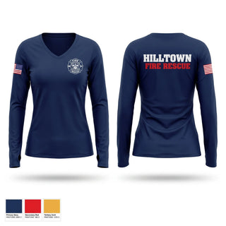 Womens Long Sleeve Vneck Shirt, Hilltown Fire Rescue, Fire Department, Teamtime, Team time, sublimation, custom sports apparel, team uniforms, spirit wear, spiritwear, sports uniforms, custom shirts, team store, custom team store, fundraiser sports, apparel fundraiser