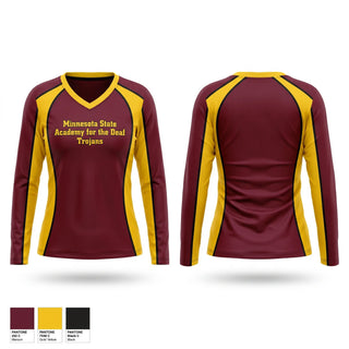 Womens Long Sleeve Vneck Shirt, Minnesota State Academy for the Deaf Trojans, Cheer, Teamtime, Team time, sublimation, custom sports apparel, team uniforms, spirit wear, spiritwear, sports uniforms, custom shirts, team store, custom team store, fundraiser sports, apparel fundraiser