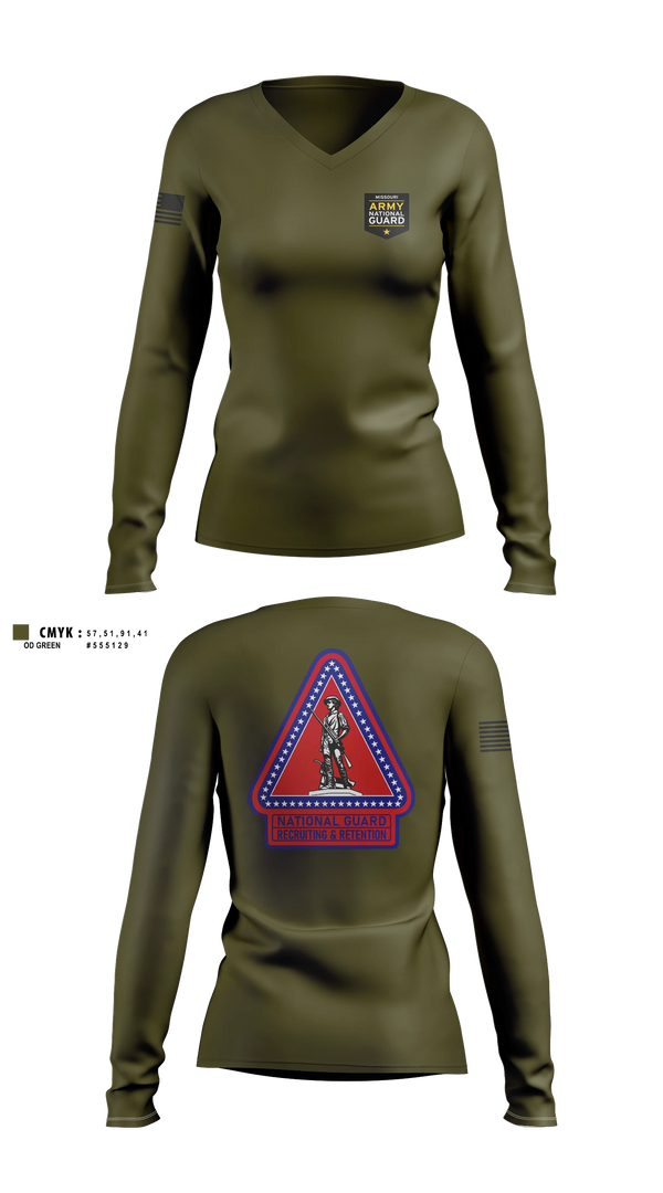 Womens Long Sleeve Vneck Shirt, Missouri Army National Guard Recruiting and Retention Battalion, National Guard, Teamtime, Team time, sublimation, custom sports apparel, team uniforms, spirit wear, spiritwear, sports uniforms, custom shirts, team store, custom team store, fundraiser sports, apparel fundraiser