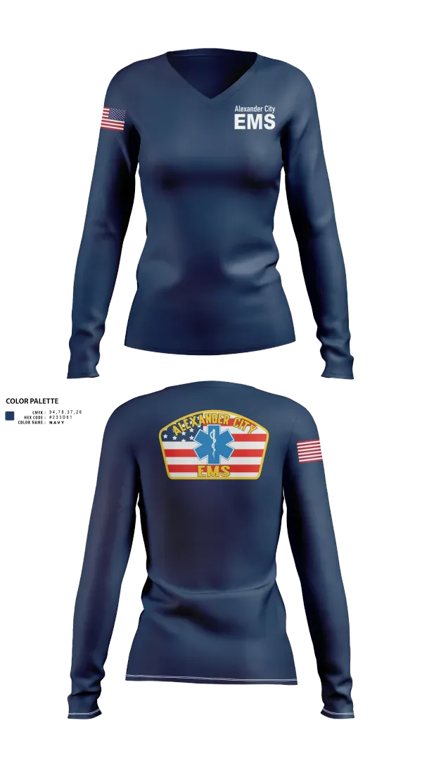 Womens Long Sleeve Vneck Shirt, Alexander City EMS, EMS/EMT, Teamtime, Team time, sublimation, custom sports apparel, team uniforms, spirit wear, spiritwear, sports uniforms, custom shirts, team store, custom team store, fundraiser sports, apparel fundraiser