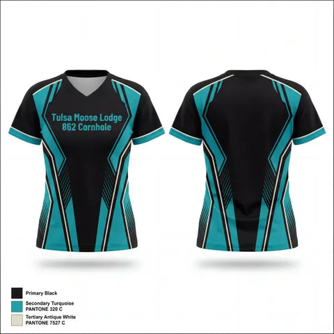 Womens Short Sleeve Vneck Shirt, Tulsa Moose Lodge #862 Cornhole, Spirit Store, Teamtime, Team time, sublimation, custom sports apparel, team uniforms, spirit wear, spiritwear, sports uniforms, custom shirts, team store, custom team store, fundraiser sports, apparel fundraiser