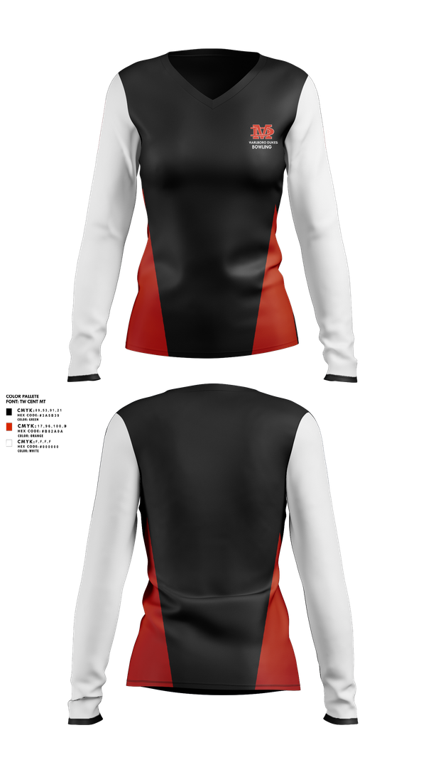 Womens Long Sleeve Vneck Shirt, Marlboro Dukes, Bowling, Teamtime, Team time, sublimation, custom sports apparel, team uniforms, spirit wear, spiritwear, sports uniforms, custom shirts, team store, custom team store, fundraiser sports, apparel fundraiser