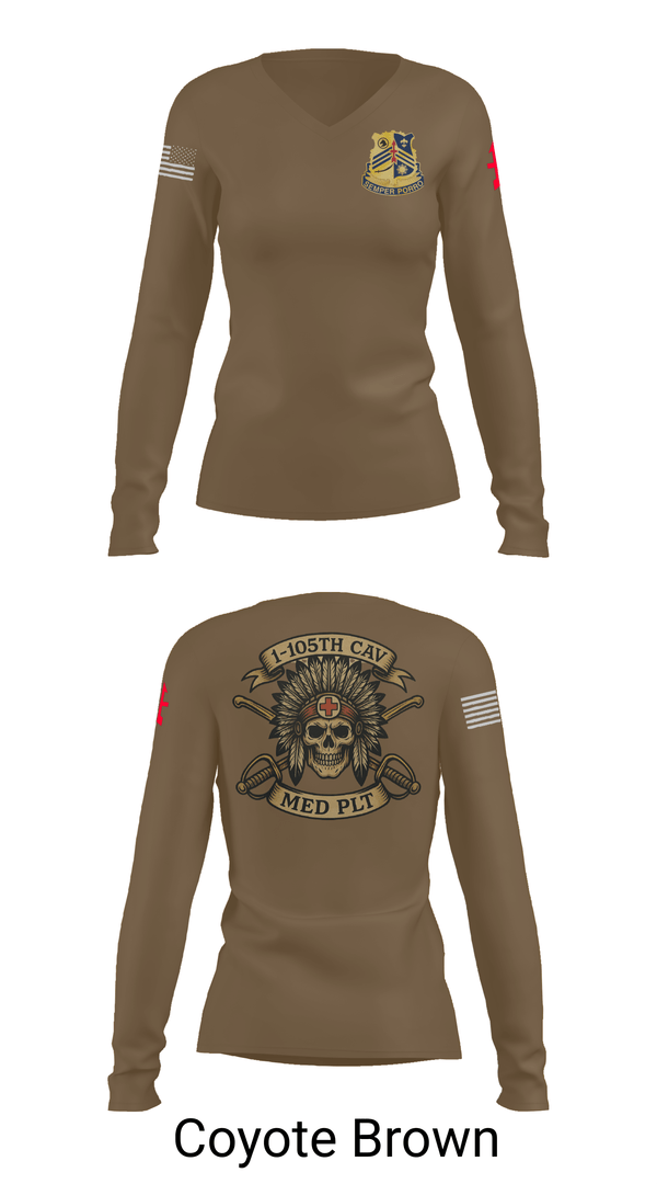 Womens Long Sleeve Vneck Shirt, 1-105th cavalry, Army, Teamtime, Team time, sublimation, custom sports apparel, team uniforms, spirit wear, spiritwear, sports uniforms, custom shirts, team store, custom team store, fundraiser sports, apparel fundraiser