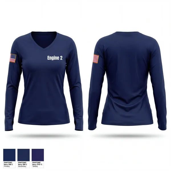 Womens Long Sleeve Vneck Shirt, Engine 2, Fire Department, Teamtime, Team time, sublimation, custom sports apparel, team uniforms, spirit wear, spiritwear, sports uniforms, custom shirts, team store, custom team store, fundraiser sports, apparel fundraiser