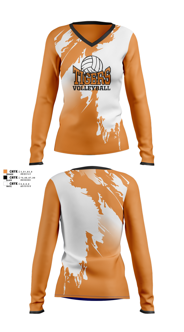 Womens Long Sleeve Vneck Shirt, Tigers, Women's Volleyball, Teamtime, Team time, sublimation, custom sports apparel, team uniforms, spirit wear, spiritwear, sports uniforms, custom shirts, team store, custom team store, fundraiser sports, apparel fundraiser