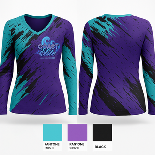Womens Long Sleeve Vneck Shirt, Coast Elite, Cheer, Teamtime, Team time, sublimation, custom sports apparel, team uniforms, spirit wear, spiritwear, sports uniforms, custom shirts, team store, custom team store, fundraiser sports, apparel fundraiser