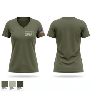 Womens Short Sleeve Vneck Shirt, Adams County SWAT, Police, Teamtime, Team time, sublimation, custom sports apparel, team uniforms, spirit wear, spiritwear, sports uniforms, custom shirts, team store, custom team store, fundraiser sports, apparel fundraiser