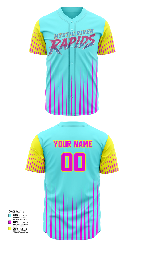 Full Button Baseball Jersey, Mystic River Rapids, Baseball, Teamtime, Team time, sublimation, custom sports apparel, team uniforms, spirit wear, spiritwear, sports uniforms, custom shirts, team store, custom team store, fundraiser sports, apparel fundraiser