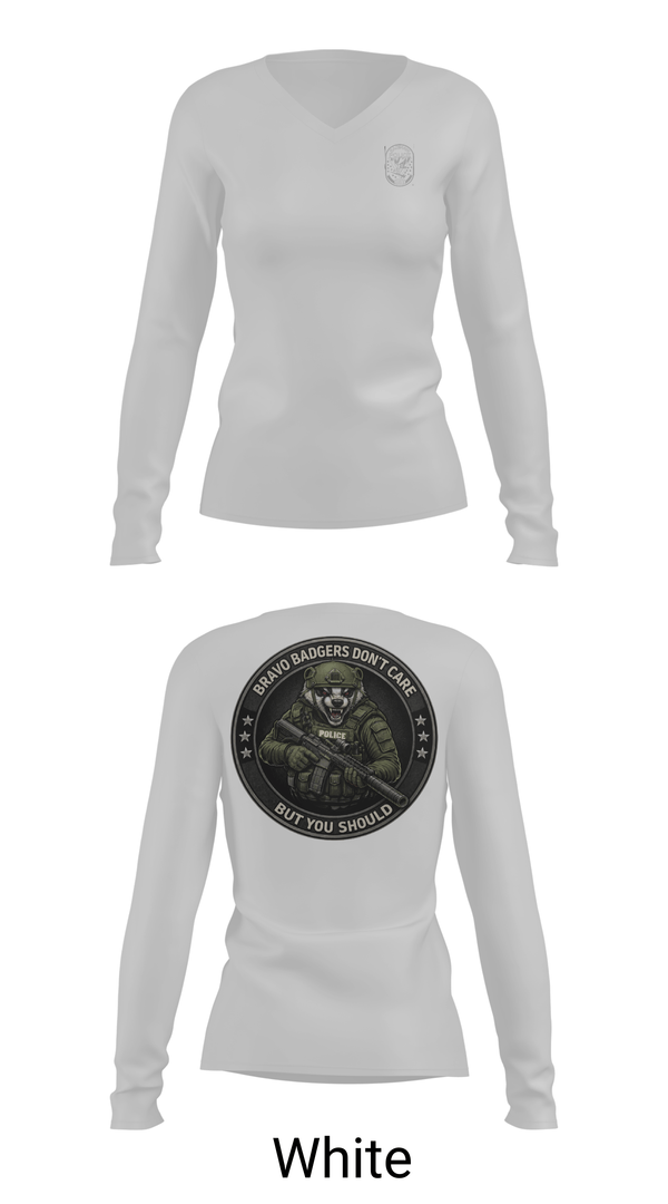 Womens Long Sleeve Vneck Shirt, Saginaw Police Emergency Services Team, Police, Teamtime, Team time, sublimation, custom sports apparel, team uniforms, spirit wear, spiritwear, sports uniforms, custom shirts, team store, custom team store, fundraiser sports, apparel fundraiser
