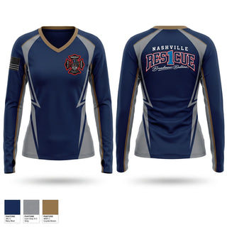 Womens Long Sleeve Vneck Shirt, RESCUE 1, Fire Department, Teamtime, Team time, sublimation, custom sports apparel, team uniforms, spirit wear, spiritwear, sports uniforms, custom shirts, team store, custom team store, fundraiser sports, apparel fundraiser