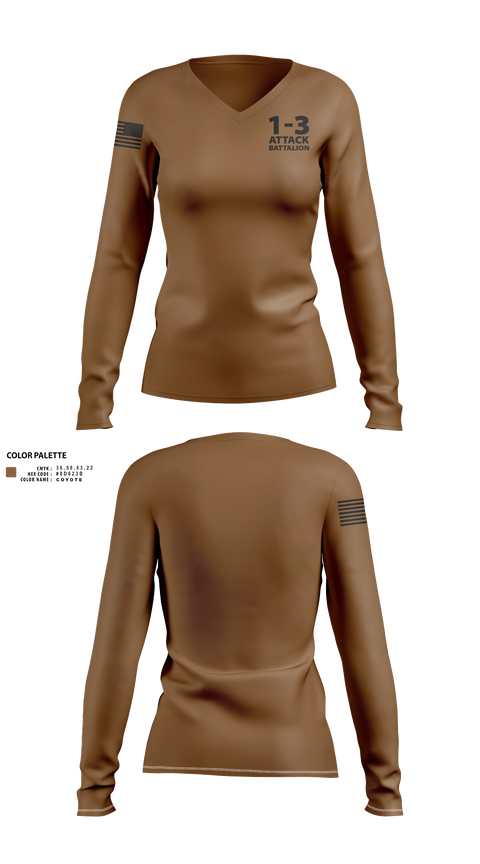 Womens Long Sleeve Vneck Shirt, 1-3 Attack Battalion, Army, Teamtime, Team time, sublimation, custom sports apparel, team uniforms, spirit wear, spiritwear, sports uniforms, custom shirts, team store, custom team store, fundraiser sports, apparel fundraiser
