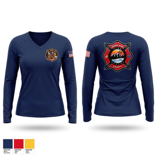 Womens Long Sleeve Vneck Shirt, Dona Ana fire Rescue Station 42, Fire Department, Teamtime, Team time, sublimation, custom sports apparel, team uniforms, spirit wear, spiritwear, sports uniforms, custom shirts, team store, custom team store, fundraiser sports, apparel fundraiser
