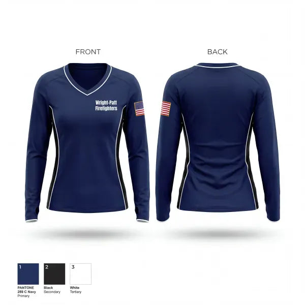 Womens Long Sleeve Vneck Shirt, Wright-Patt Firefighters, Fire Department, Teamtime, Team time, sublimation, custom sports apparel, team uniforms, spirit wear, spiritwear, sports uniforms, custom shirts, team store, custom team store, fundraiser sports, apparel fundraiser