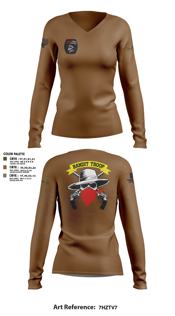 Womens Long Sleeve Vneck Shirt, 6-9 bandit troop, Army, Teamtime, Team time, sublimation, custom sports apparel, team uniforms, spirit wear, spiritwear, sports uniforms, custom shirts, team store, custom team store, fundraiser sports, apparel fundraiser