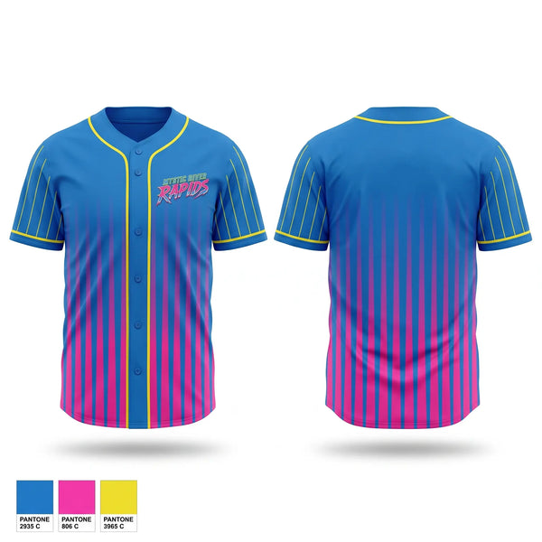 Full Button Baseball Jersey, Mystic River Rapids, Baseball, Teamtime, Team time, sublimation, custom sports apparel, team uniforms, spirit wear, spiritwear, sports uniforms, custom shirts, team store, custom team store, fundraiser sports, apparel fundraiser