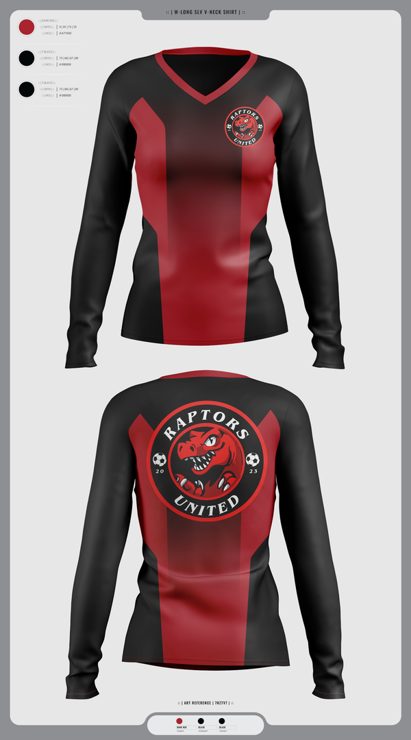 Womens Long Sleeve Vneck Shirt, Raptors United, Men's Soccer, Teamtime, Team time, sublimation, custom sports apparel, team uniforms, spirit wear, spiritwear, sports uniforms, custom shirts, team store, custom team store, fundraiser sports, apparel fundraiser