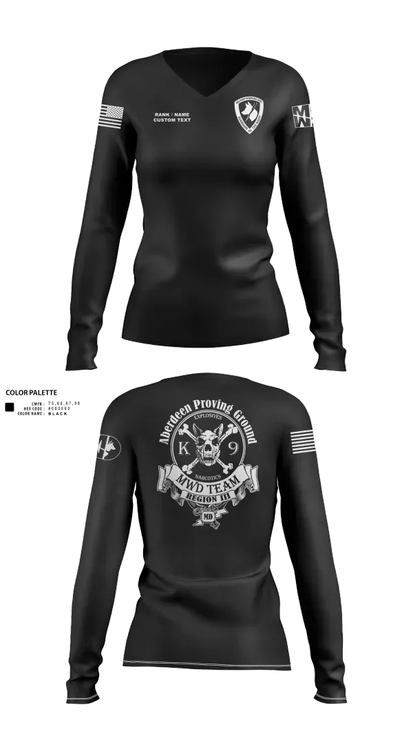Womens Long Sleeve Vneck Shirt, Aberdeen Proving Ground Police Department, Police, Teamtime, Team time, sublimation, custom sports apparel, team uniforms, spirit wear, spiritwear, sports uniforms, custom shirts, team store, custom team store, fundraiser sports, apparel fundraiser