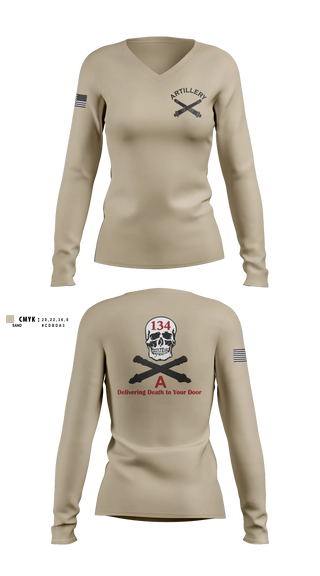 Womens Long Sleeve Vneck Shirt, A Battery 1-134th Field Artillery, Army, Teamtime, Team time, sublimation, custom sports apparel, team uniforms, spirit wear, spiritwear, sports uniforms, custom shirts, team store, custom team store, fundraiser sports, apparel fundraiser