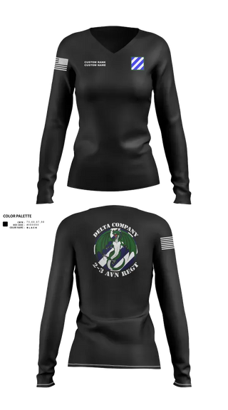 Womens Long Sleeve Vneck Shirt, D Co. 2-3 AVN REGT “Dragons”, Army, Teamtime, Team time, sublimation, custom sports apparel, team uniforms, spirit wear, spiritwear, sports uniforms, custom shirts, team store, custom team store, fundraiser sports, apparel fundraiser