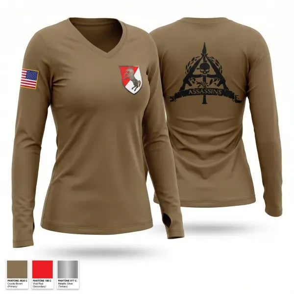 Womens Long Sleeve Vneck Shirt, 1/11 ACR Assassin Troop, Army, Teamtime, Team time, sublimation, custom sports apparel, team uniforms, spirit wear, spiritwear, sports uniforms, custom shirts, team store, custom team store, fundraiser sports, apparel fundraiser