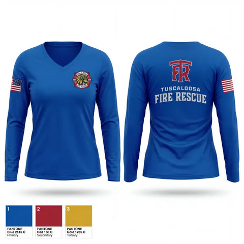 Womens Long Sleeve Vneck Shirt, Tuscaloosa Fire Rescue, Fire Department, Teamtime, Team time, sublimation, custom sports apparel, team uniforms, spirit wear, spiritwear, sports uniforms, custom shirts, team store, custom team store, fundraiser sports, apparel fundraiser