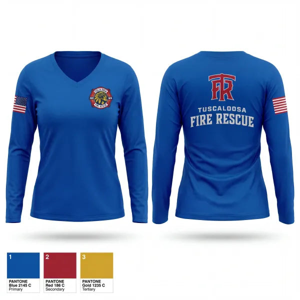 Womens Long Sleeve Vneck Shirt, Tuscaloosa Fire Rescue, Fire Department, Teamtime, Team time, sublimation, custom sports apparel, team uniforms, spirit wear, spiritwear, sports uniforms, custom shirts, team store, custom team store, fundraiser sports, apparel fundraiser