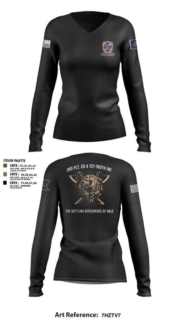 Womens Long Sleeve Vneck Shirt, Co A, 1st-160th INF, 79th IBCT, , Teamtime, Team time, sublimation, custom sports apparel, team uniforms, spirit wear, spiritwear, sports uniforms, custom shirts, team store, custom team store, fundraiser sports, apparel fundraiser