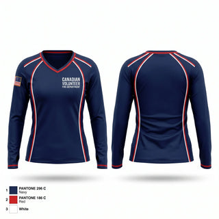 Womens Long Sleeve Vneck Shirt, Canadian Volunteer Fire Department, Fire Department, Teamtime, Team time, sublimation, custom sports apparel, team uniforms, spirit wear, spiritwear, sports uniforms, custom shirts, team store, custom team store, fundraiser sports, apparel fundraiser