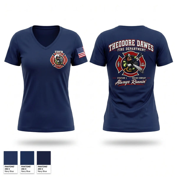 Womens Short Sleeve Vneck Shirt, Theodore-Dawes Fire Rescue, Fire Department, Teamtime, Team time, sublimation, custom sports apparel, team uniforms, spirit wear, spiritwear, sports uniforms, custom shirts, team store, custom team store, fundraiser sports, apparel fundraiser