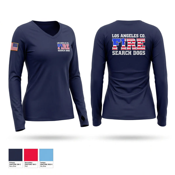 Womens Long Sleeve Vneck Shirt, La County Fire Search Dogs, Fire Department, Teamtime, Team time, sublimation, custom sports apparel, team uniforms, spirit wear, spiritwear, sports uniforms, custom shirts, team store, custom team store, fundraiser sports, apparel fundraiser