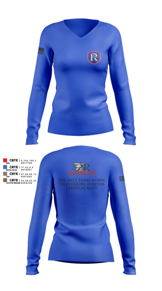 Womens Long Sleeve Vneck Shirt, RICS Raiders, Army, Teamtime, Team time, sublimation, custom sports apparel, team uniforms, spirit wear, spiritwear, sports uniforms, custom shirts, team store, custom team store, fundraiser sports, apparel fundraiser