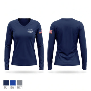 Womens Long Sleeve Vneck Shirt, Mobile county Ems, EMS/EMT, Teamtime, Team time, sublimation, custom sports apparel, team uniforms, spirit wear, spiritwear, sports uniforms, custom shirts, team store, custom team store, fundraiser sports, apparel fundraiser