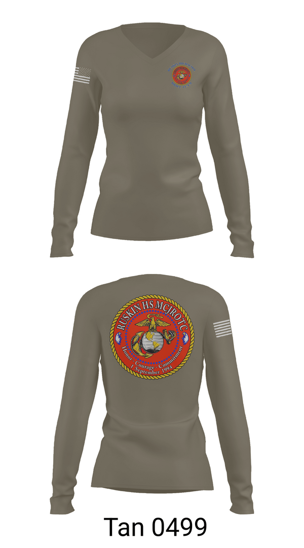 Womens Long Sleeve Vneck Shirt, Ruskin Highschool MCJROTC drill team, Marines, Teamtime, Team time, sublimation, custom sports apparel, team uniforms, spirit wear, spiritwear, sports uniforms, custom shirts, team store, custom team store, fundraiser sports, apparel fundraiser