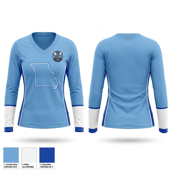 Womens Long Sleeve Vneck Shirt, Munford Outlaws, Baseball, Teamtime, Team time, sublimation, custom sports apparel, team uniforms, spirit wear, spiritwear, sports uniforms, custom shirts, team store, custom team store, fundraiser sports, apparel fundraiser