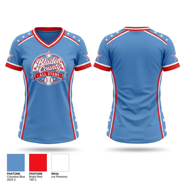 Womens Short Sleeve Vneck Shirt, Bladen County All Stars, Softball, Teamtime, Team time, sublimation, custom sports apparel, team uniforms, spirit wear, spiritwear, sports uniforms, custom shirts, team store, custom team store, fundraiser sports, apparel fundraiser