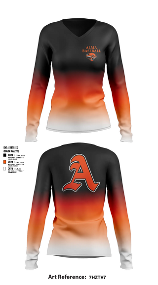 Womens Long Sleeve Vneck Shirt, Alma, Baseball, Teamtime, Team time, sublimation, custom sports apparel, team uniforms, spirit wear, spiritwear, sports uniforms, custom shirts, team store, custom team store, fundraiser sports, apparel fundraiser