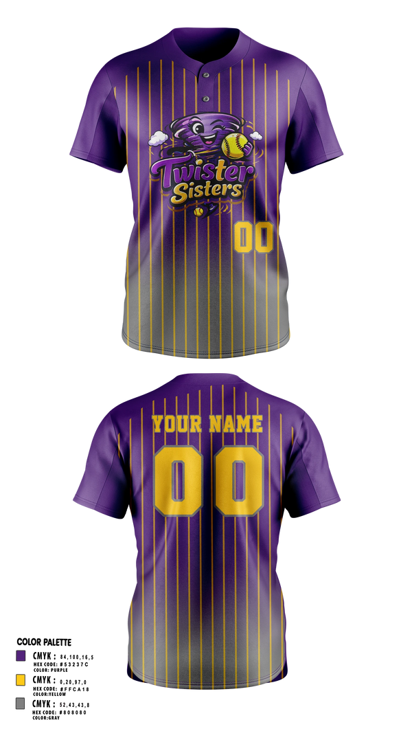 Two Button Softball Jersey, Twister Sisters, Softball, Teamtime, Team time, sublimation, custom sports apparel, team uniforms, spirit wear, spiritwear, sports uniforms, custom shirts, team store, custom team store, fundraiser sports, apparel fundraiser