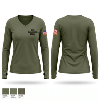 Womens Long Sleeve Vneck Shirt, Iowa Conservation Officer, Police, Teamtime, Team time, sublimation, custom sports apparel, team uniforms, spirit wear, spiritwear, sports uniforms, custom shirts, team store, custom team store, fundraiser sports, apparel fundraiser