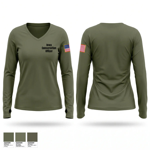 Womens Long Sleeve Vneck Shirt, Iowa Conservation Officer, Police, Teamtime, Team time, sublimation, custom sports apparel, team uniforms, spirit wear, spiritwear, sports uniforms, custom shirts, team store, custom team store, fundraiser sports, apparel fundraiser