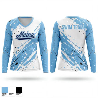 Womens Long Sleeve Vneck Shirt, Umaine Club Swim, Swimming, Teamtime, Team time, sublimation, custom sports apparel, team uniforms, spirit wear, spiritwear, sports uniforms, custom shirts, team store, custom team store, fundraiser sports, apparel fundraiser