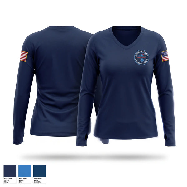 Womens Long Sleeve Vneck Shirt, Harrison County Emergency Squad, EMS/EMT, Teamtime, Team time, sublimation, custom sports apparel, team uniforms, spirit wear, spiritwear, sports uniforms, custom shirts, team store, custom team store, fundraiser sports, apparel fundraiser
