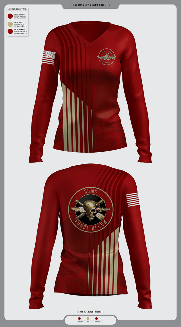 Women's Long Sleeve Vneck Shirt, 2nd Force Reconnaissance, Marines, Teamtime, Team time, sublimation, custom sports apparel, team uniforms, spirit wear, spiritwear, sports uniforms, custom shirts, team store, custom team store, fundraiser sports, apparel fundraiser
