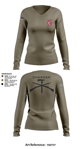 Women's Long Sleeve Vneck Shirt, Charger Co. / 2-112th Infantry Battalion, National Guard, Teamtime, Team time, sublimation, custom sports apparel, team uniforms, spirit wear, spiritwear, sports uniforms, custom shirts, team store, custom team store, fundraiser sports, apparel fundraiser