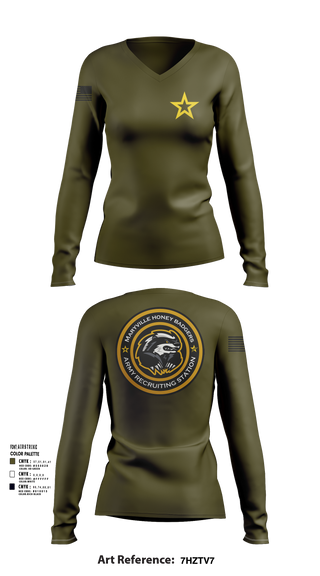 Women's Long Sleeve Vneck Shirt, Maryville Honeybadger, Army, Teamtime, Team time, sublimation, custom sports apparel, team uniforms, spirit wear, spiritwear, sports uniforms, custom shirts, team store, custom team store, fundraiser sports, apparel fundraiser