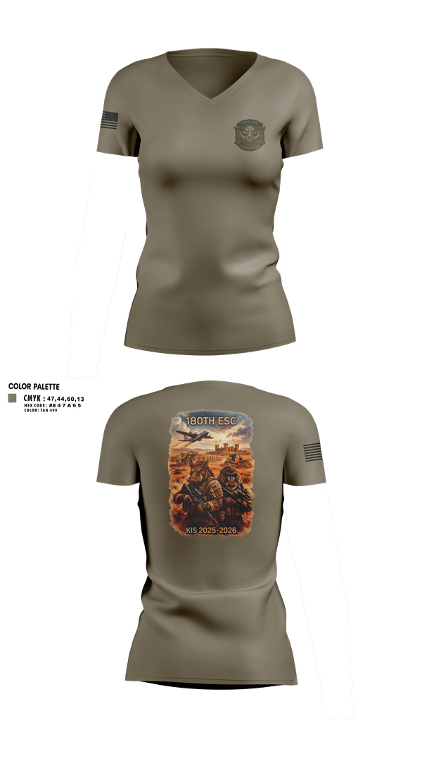 Womens Short Sleeve Vneck Shirt, 180th ESC Kismayo, Army, Teamtime, Team time, sublimation, custom sports apparel, team uniforms, spirit wear, spiritwear, sports uniforms, custom shirts, team store, custom team store, fundraiser sports, apparel fundraiser