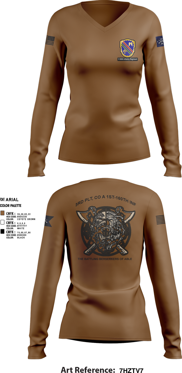 Womens Long Sleeve Vneck Shirt, Co A, 1st-160th INF, 79th IBCT, , Teamtime, Team time, sublimation, custom sports apparel, team uniforms, spirit wear, spiritwear, sports uniforms, custom shirts, team store, custom team store, fundraiser sports, apparel fundraiser