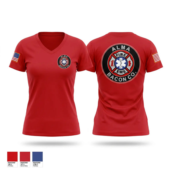 Womens Short Sleeve Vneck Shirt, BACON FIRE DEPARTMENT, Fire Department, Teamtime, Team time, sublimation, custom sports apparel, team uniforms, spirit wear, spiritwear, sports uniforms, custom shirts, team store, custom team store, fundraiser sports, apparel fundraiser