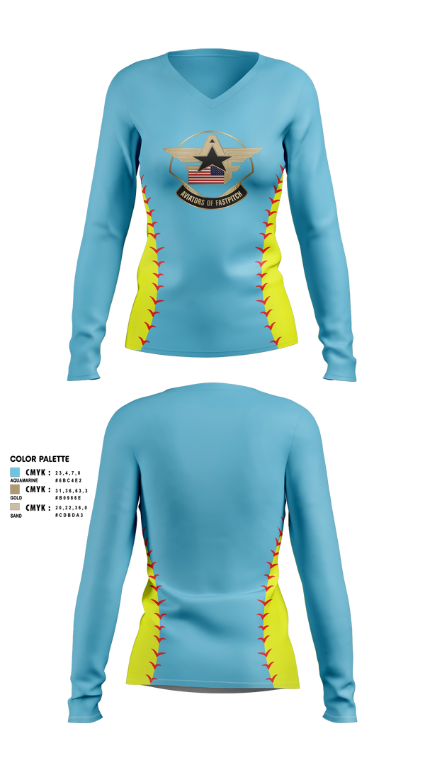 Womens Long Sleeve Vneck Shirt, Aviators of Fastpitch, Softball, Teamtime, Team time, sublimation, custom sports apparel, team uniforms, spirit wear, spiritwear, sports uniforms, custom shirts, team store, custom team store, fundraiser sports, apparel fundraiser