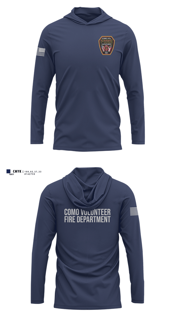 Long Sleeve Performance Shirt with hood, Como Volunteer Fire Department, Fire Department, Teamtime, Team time, sublimation, custom sports apparel, team uniforms, spirit wear, spiritwear, sports uniforms, custom shirts, team store, custom team store, fundraiser sports, apparel fundraiser